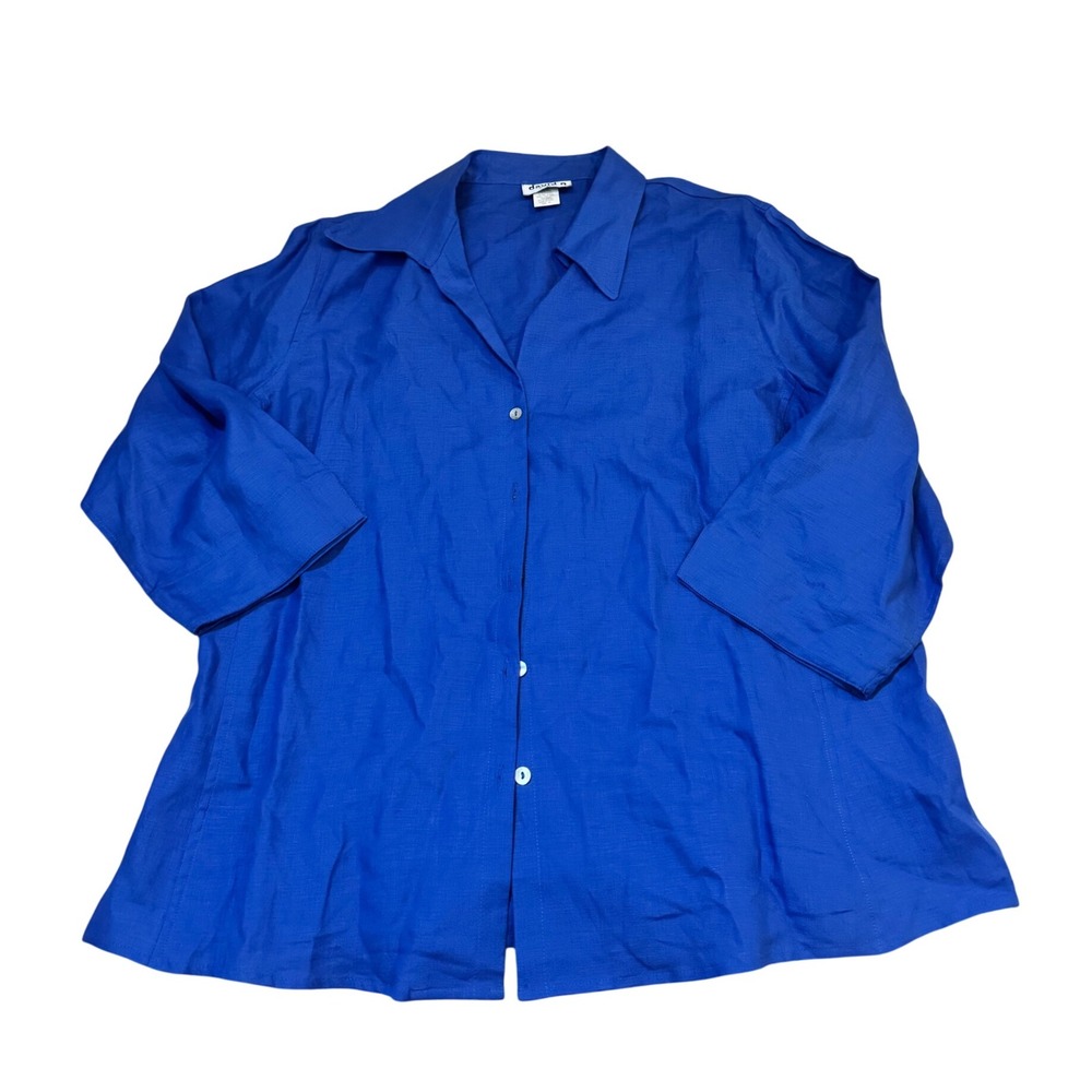 David‎ N Woman Linen Top 1X Royal Blue 3/4 Sleeve Button Front Blouse